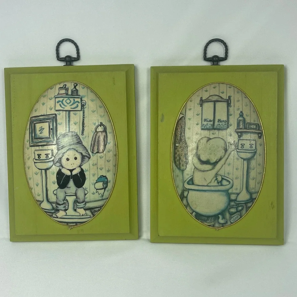 Vintage Handmade Decoupage Wood Bathroom Wall Art Set Convex Chartreuse 8.5x6.25
